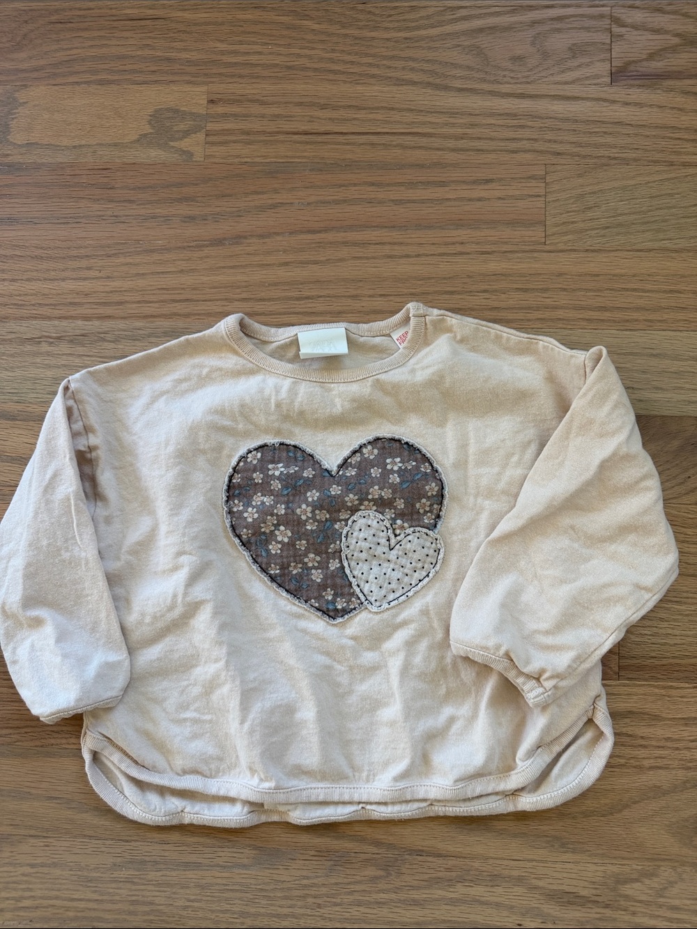Zara Beige Long-Sleeve Top with Double Heart Appliqués Toddler 18M